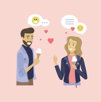 Man and woman characters speaking, people holding ice-cream, closeup and portrait view of couple on pink, dating online, heart and smile icons vector. Dating of People, Man and Woman Meeting Vector