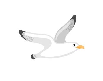 Flying seagull, little bird with black and white plumage. Single animal on white, cartoon of atlantic seabird, stylized nautical gull emblem vector. Seabird or Gull, Stylized Nautical Emblem Vector