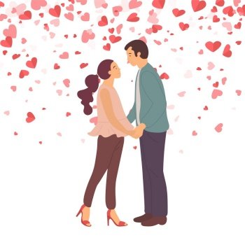 Couple in love going to kiss, lady on high heels and guy isolated on backdrop with hearts. Cartoon characters male and female standing and gently hugging. Couple in Love Going to Kiss, Lady and Guy Vector