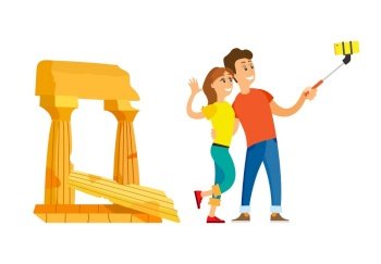 Traveling people vector, man and woman taking selfie. Couple with smartphone, relaxation on tourist attraction, pillars and ancient building architecture. Ruins Roman History, Ancient Remains Traveling