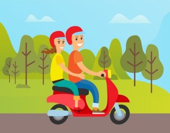 Man and woman riding scooter vector, couple on vacation spending time on nature. Forest with trees and path leading to destination, holidays of pair. Couple Traveling Together Riding Scooter in Forest