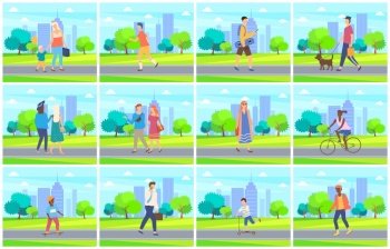 Male and female leisure outdoor, man and woman walking in city park near trees, children activity on skateboard or scooter, weekend in green park, people holiday vector. People in Park, Leisure of Man and Woman Vector