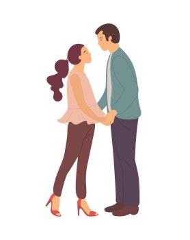 Cartoon characters male and female standing and gently hugging each other. Couple in love going to kiss, lady on high heels and guy in trousers isolated. Cartoon Characters Male and Female Stand Hugging