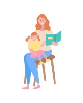 Pastime of family vector, isolated woman reading to child, fairy tales time, flat style. Mother with daughter lectures, parental care and childcare. Mother Reading Fairy Tales to Child Daughter and Mom