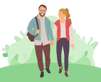 Bearded man and woman with high tail walking among green leaves and bushes. Vector rich and successful cartoon people spend time together, accumulation of capital. Bearded Man, Woman with High Tail Walk in Forest
