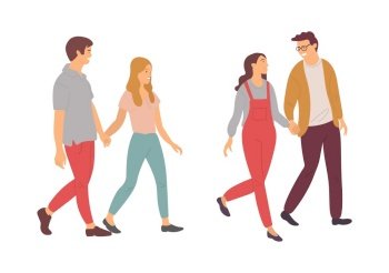 People in love vector, man and woman adults and teenagers on date isolated couples double date. Married male and female holding hands and walking. Man and Woman Holding Hands, Set of Couples Vector