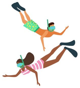 Snorkeling people vector, man and woman wearing special equipment. Scuba divers underwater, swimming male and female with special diving masks flat style. Summertime activity. Scuba Diving Hobby of People, Snorkeling Character