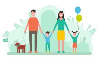 People having family day vector, man and woman with kids and pet. Mother and father with boy and girl, daughter and son with balloon and dog animal. Family Mother and Father, Children and Pet Dog
