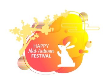 Mid autumn festival celebration vector, bunny furry animal with tree and foliage abstract design banner with rabbit, Chinese holiday event in China. Bunny on Mid Autumn Festival Chinese Holiday Vector