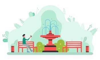 Fun and recreation in park vector, man sitting on wooden bench. Person surrounded by bushes and foliage. Fountain with water, natural resources quiet. Man Sitting in Park, Male with Bird Bench Vector