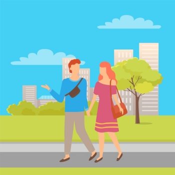 Happy couple man and woman walking together. People walking in city park, summer or spring, cartoon characters. Vector male and female with bag or sack. Happy Couple Man and Woman People Walking Together