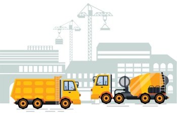 Machinery for construction and building vector. Tractor cement mixer and truck with container, cityscape and crane lifting heavy bulk town infrastructure. Special machines for work. Flat cartoon. Cityscape City Construction and Building Machinery