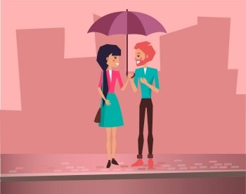 Cute lovely couple on dating holding colorfull umbrella on city street vector illustration. People fell in tender passion and standing near cafe restaurant. Mutual affection concept. Flat cartoon. Cute Lovely Couple Holding Colorfull Umbrella On Street