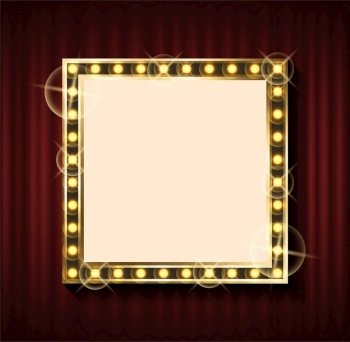 Square banner with empty space for filling it with text vector, luxurious frame with golden bulbs. Vintage retro style of framing, red curtain background. Square Frame with Golden Lights Red Curtain Vector