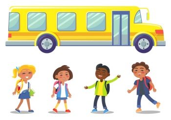 Bright, modern yellow school bus for pupils and students. Group of children, little boys and girls with backpacks. Colorful education transportation vehicle. Back to school concept. Flat cartoon. Yellow School Bus and Group of Children Vector