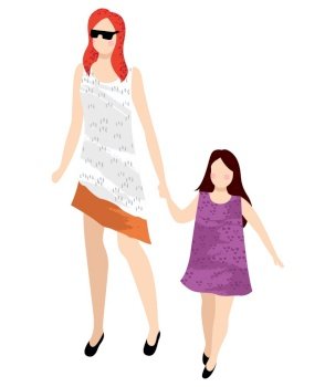 Mother and daughter in summer cloth walking together isolated cartoon characters. Vector people, mom and girl spend time together, flat style design. Flat cartoon. Mother and Daughter Walking Together, Summer Cloth