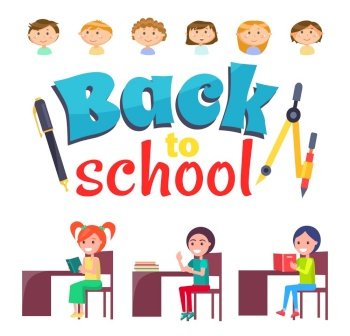 Back to school vector, kids sitting by tables loaded with books and textbooks. Literature classes, girls by desks reading printed publication on lesson. Back to school concept. Flat cartoon. Back to School Education and Knowledge Acquiring