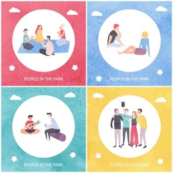 People in park vector, young man and woman having fun outdoors, friends playing cards sitting on mat blanket, male with guitar and songs, group selfie. Flat cartoon. People in Park, Youth Camping and Spending Time