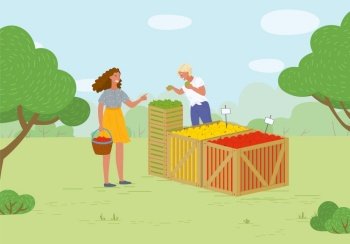 Woman buying products in market vector, summer fair with organic food and meal. Fruits from farmers, salesperson with juicy vegetarian snacks flat style. Picking apple concept. Flat cartoon. Fair Market in Park Salesperson with Apples Vector
