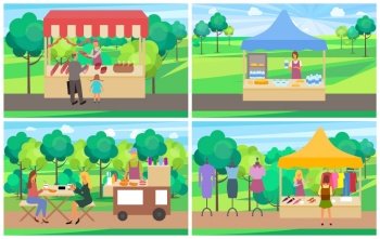 Grocery store with meat and milk product tent with clothes bus with coffee. People buy food outdoor, dress on mannequin, friends drinking in park. Funny spending time on harvest festival. Flat cartoon. People Buying Products and Clothes, Retail Vector