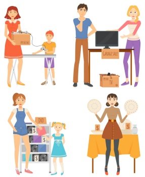 People selling used thing sat garage sale. Unnecessary things. TV , DVD discs, household and sport items, dishes lying on table. Flea market vector illustration. Event for sale used goods. People Selling Used Items at Garage Sale Vector
