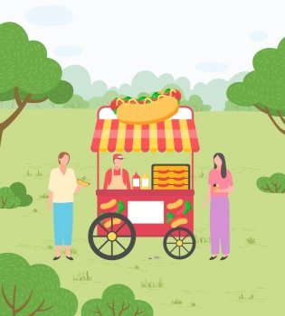 Women buying sausage outdoor, trolley with fastfood. Harvest festival in park, seller man with sandwich transport, vendor with food, eating vector. Funny spending time on harvest festival. Trolley with Fastfood, Harvest Festival Vector