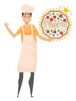 Pizzeria signboard, chef wearing apron, fastfood billboard on white. Portrait view of smiling kitchener holding pizza, tomato and mushroom, cook vector. Kitchener and Pizza Sign, Culinary Label Vector