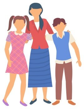 Teacher embracing pupils, people standing together. Classmates with adult character, school studying symbol, woman with teenagers, kid vector. Back to school concept. Flat cartoon. Classmates Hugging Teacher, Back to School Vector