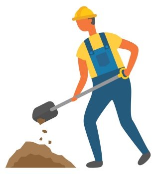 Man working on soil, isolated character wearing uniform and protective helmet. Mud and dirt worker with spade tool, instrument for digging. Vector illustration in flat cartoon style. Worker with Spade Tool and Mud on Ground Workman