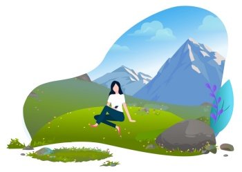 Girl sitting on green grass with her legs crossed and mountains view on background. Female traveler, tourist enjoying beautiful landscape. Vector illustration in flat cartoon style. Girl Sitting on Grass Mountains Background Vector