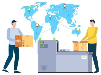 International business, worldwide shipping and delivery flat style characters working on orders fulfillment. Logistics and transportation. Vector illustration in flat cartoon style. Man Working with Parcels and Orders Businessman