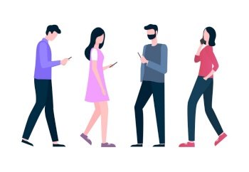 People communication with gadget, man and woman holding phone, texting and talking, full length view of going person with modern equipment vector. Man and Woman Going with Phone, Mobile Vector