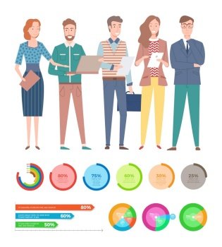 People standing with papers and laptop, round charts and graph presentation, statistic report. Workers character and diagrams with numbers. Vector illustration in flat cartoon style. Workers Character, Diagrams and Charts Vector