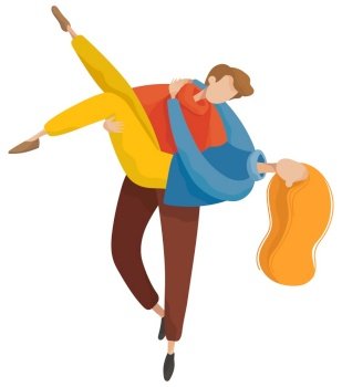 Happy man and woman walking in autumn park. Romantic day of embracing male and female in casual clothes. Lovers characters hugging outdoor. People meeting and dancing, relationship element vector. Man and Woman Hugging in Autumn Park Vector