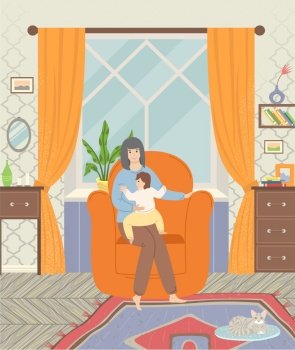 Mother with kid vector, mom and son sitting in armchair. Room with drawers and curtains on window, shelves with vase and flowers, mirror on wall. Vector illustration in flat cartoon style. Mother Playing with Kid at Home Family Evening