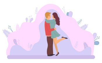 Dating couple, hugging man and woman on background of purple plants and leaves. Successful people in love spend time together, relationships between male and female. Vector in flat cartoon style. Dating Couple, Hugging Man and Woman, Purple Plant