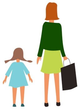 Mother and daughter back view isolated cartoon people. Vector mom and girl with pigtails, happy family at marketplace. Kindergarten child and adult woman. Mother Daughter Back View Isolated Cartoon People