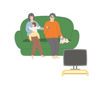 Family with dog sitting together on sofa and watching TV, kid embracing mom, man holding remote, people portrait view isolated on white, room vector. People Watching TV, Sitting on Sofa, Family Vector