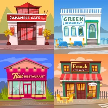 Thai and French cuisine vector, greek and japanese restaurant diner facade. Buildings in orient style, eatery of asian meals and dishes. European and eastern gastronomy set of houses illustration. Japanese and Greek Cafe, Thai and French Cuisine
