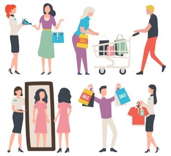 Man showing bags with purchases vector, fashionable store with consultant,. Granny shopping. Lady looking in mirror, consultation in shop flat style. People Shopping Buying Clothes Man and Woman Set