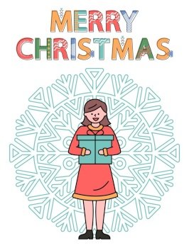 Merry Christmas greeting card vector, kid holding present in hands. Winter holidays celebration. Tradition of gifts exchanging. Girl with box and snowflake ornament on background flat style print. Merry Christmas Kid Holding Gift In Hands Vector