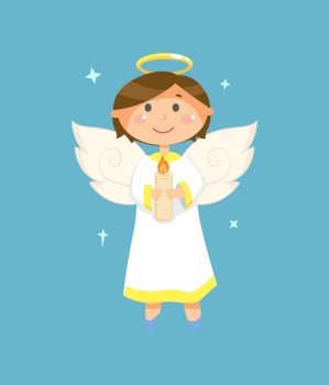 Christmas and Valentines Day character, angel with halo and wings holding candle vector. Heaven creature, boy or child in white robe, holy spirit. Angel with Candle, Christmas and Valentines Day