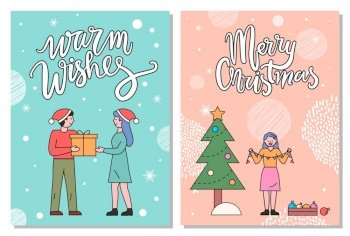 Merry christmas cards set vector, people on winter holidays celebrating events together. Woman and man exchanging gifts. Lady decorating pine tree with garlands and baubles. Minimalist postcard. Merry Christmas and Happy Winter Holidays Cards