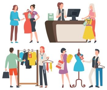 Shopping people vector, isolated woman holding dress, cashier at counter with client. Mannequin and man, tshirts, on hangers and customers with bags. People Shopping Cashier at Counter Shop Consultant