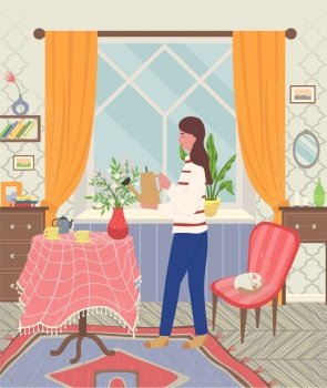 Female watering houseplant, woman caring for flowers. Gardener at home, growth plant, housework element, gardening element, florist in room vector. Woman Watering Flowers at Home, Housework Vector