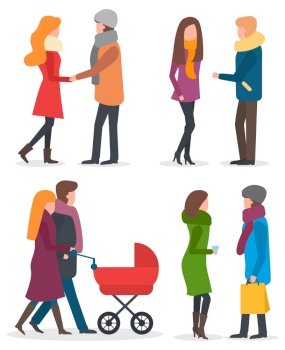Two couples on date, romantic meeting of man and woman. Family with kid in vector baby carriage walking together. Women talking outdoor. People strolling in warm clothes like scarf and overcoat. Couple on Date, Parents with Children Walk Outdoor
