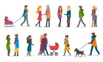 People wearing warm clothes in winter vector. Woman with kid sitting on sledges. Mother and father with perambulator and newborn baby. Friends talking holding bags. Male walking dog on leash. Winter Characters, Couples Woman and Man Vector