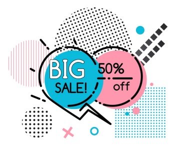 Up to 50 percent off on big sale. Promotion on circle outline stickers, advertising blue and pink bubbles. Simple geometric poster with lines and dots. Vector abstract illustration in minimalism. Big Sale, Geometric Poster with Lines and Dots