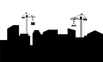 Construction of new buildings vector, megapolis expanding cranes with materials for new estates silhouette of cityscape. Skyline of small town flat style. Cityscape Monochrome Buildings and Cranes Vector