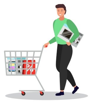 Shopping character with trolley loaded with products bought at store on sale. Isolated personage carrying microwave oven. Cart with bags purchased with discounts. Electronic appliance vector. Person on Shopping Carrying Microwave Oven and Bag